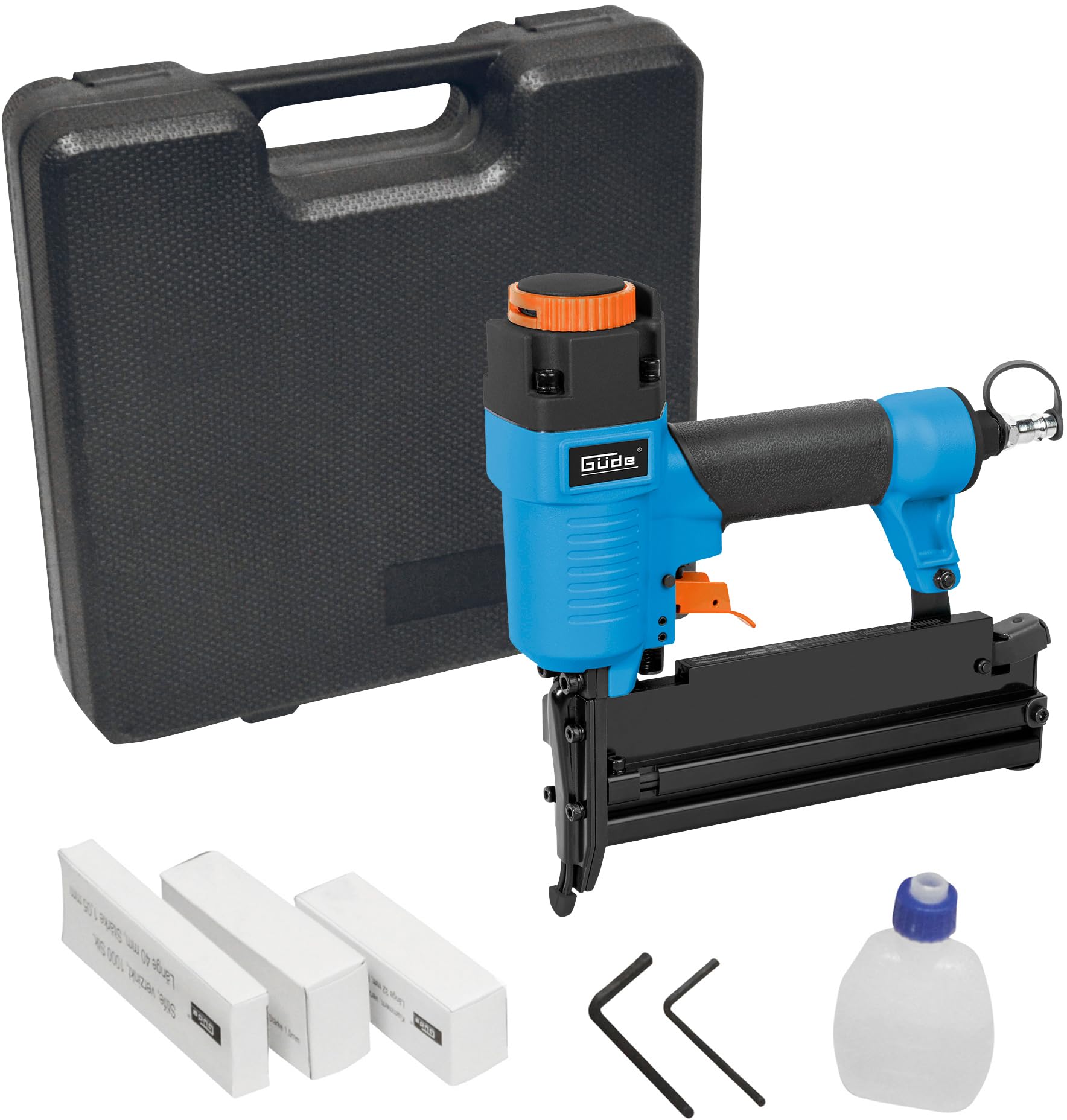 Güde Druckluft-Klammergerät Nagler 3in1 1/4" IG 4-7,5 bar Pressdruck 5 cm Nagellänge inkl. Klammern Nägel Sicherheitsschlagsperre Tragekoffer