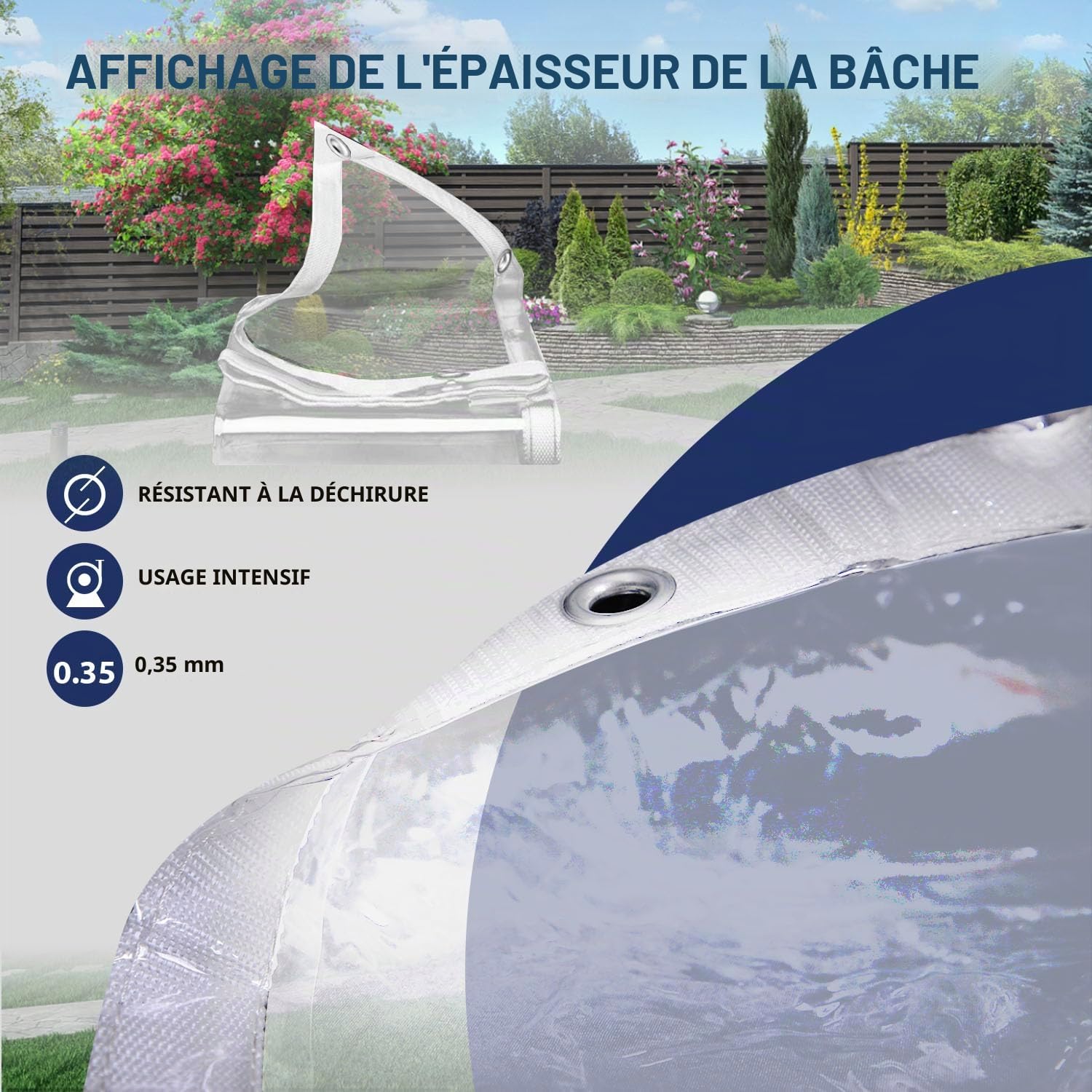 Bâche transparente imperméable très résistante de 1,5 x 2 m - 420 g/m², avec œillets, pour couverture de pergola et terrasse, livrée avec corde et attaches de câble