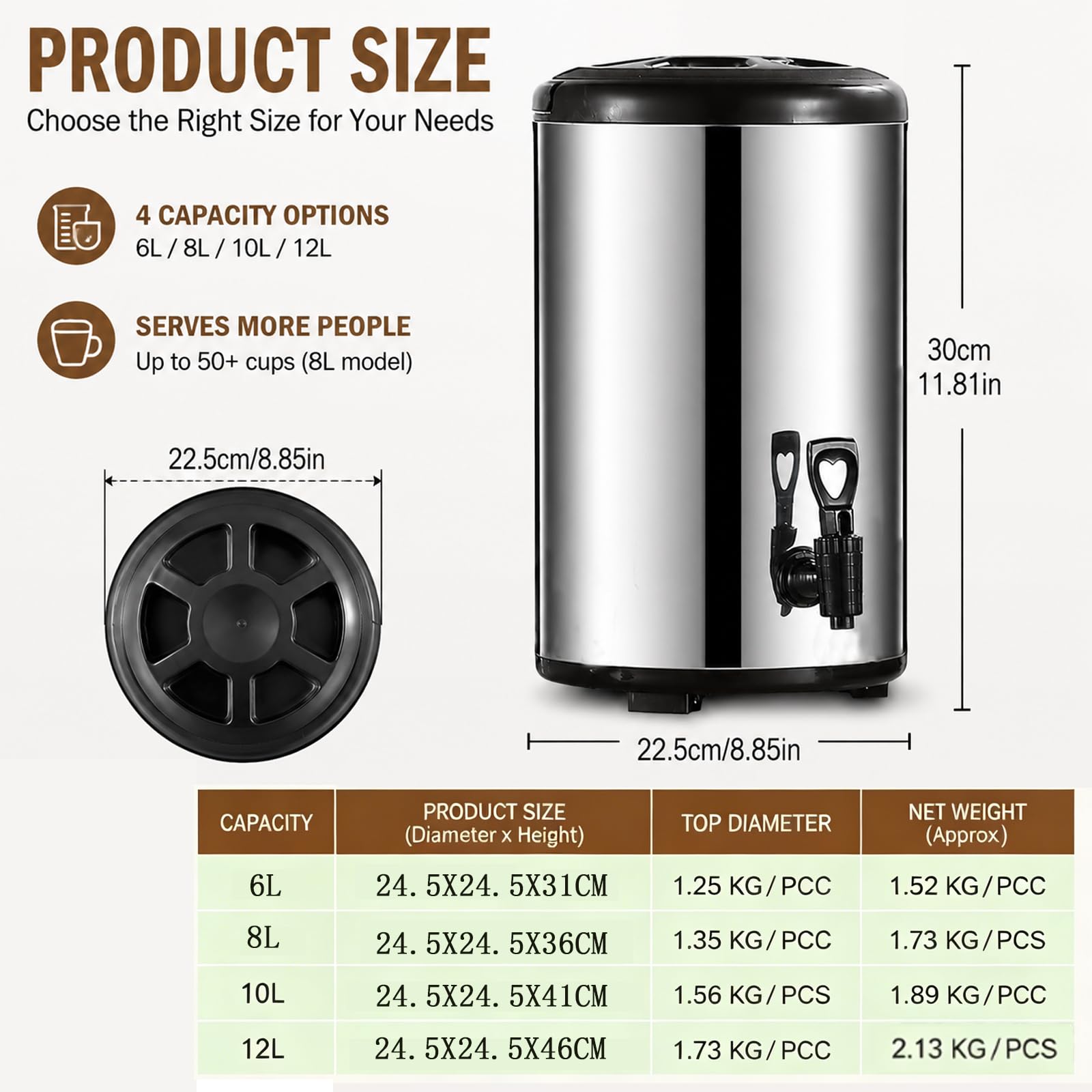 Dispensador de bebidas de acero inoxidable de 8 l con espiga, urna de café comercial y caldera de agua caliente, urna térmica de catering con aislamiento de doble pared, para bebidas frías y cali 12L