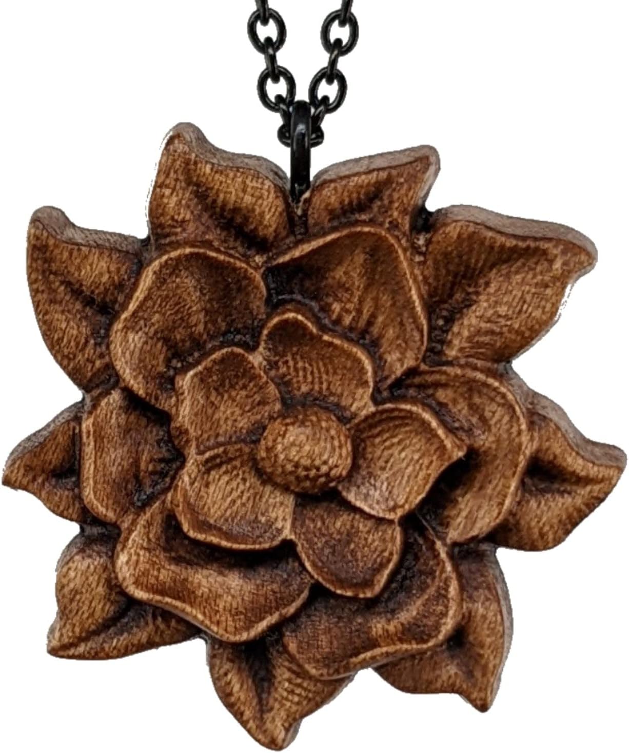 Magnolia Flower Carved Wood Pendant Necklace