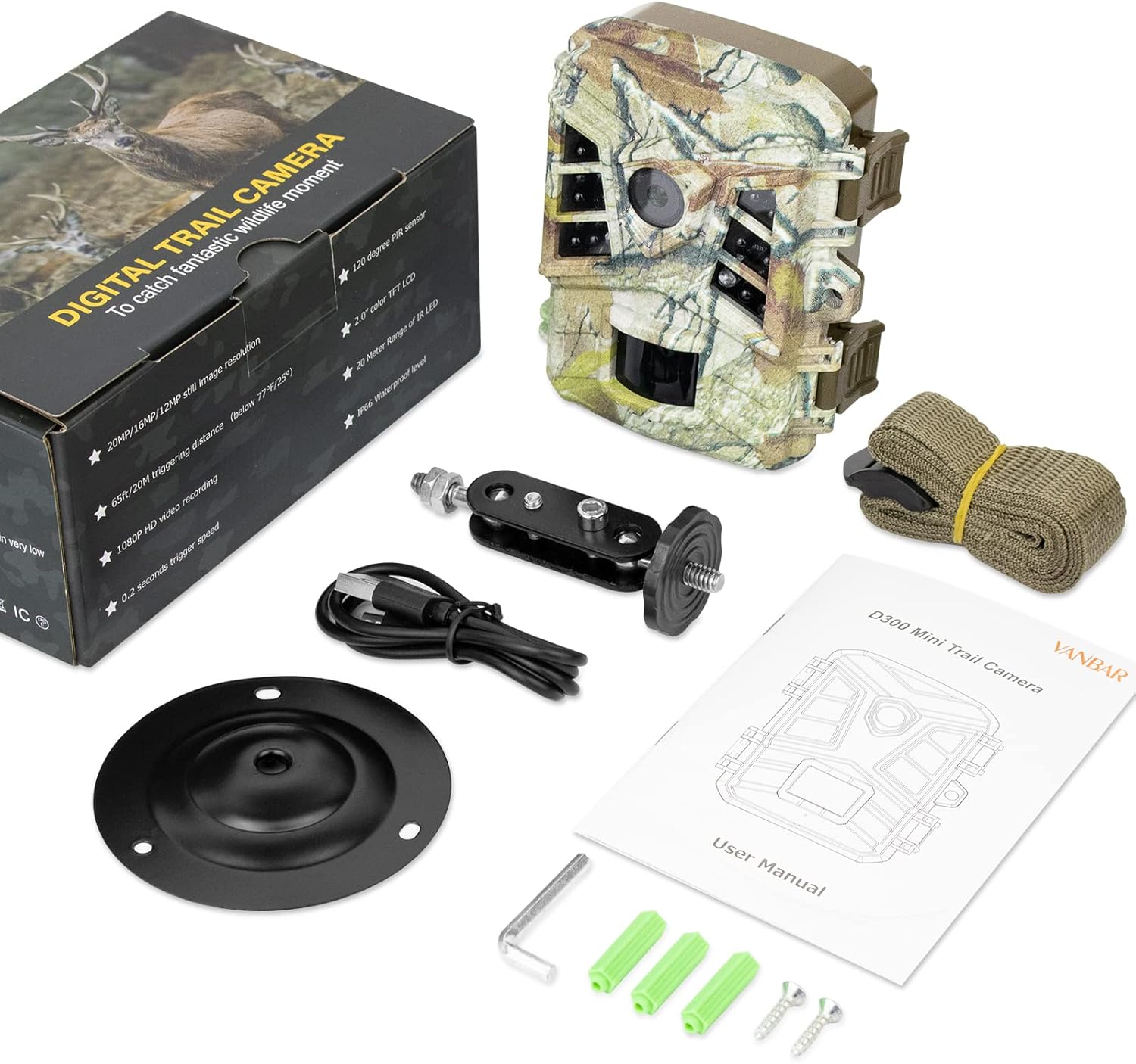 Contents of the VANBAR D300 Trail Camera package, including camera, manual, mounting accessories, and USB cable.