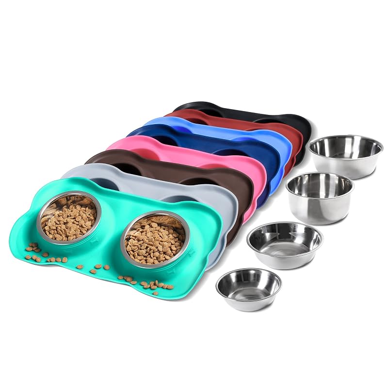Tigelas para Cães em Aço Inoxidável com Tapete de Silicone Antiderrapante Hubulk, Médio, Mint Green, Pacote com 2