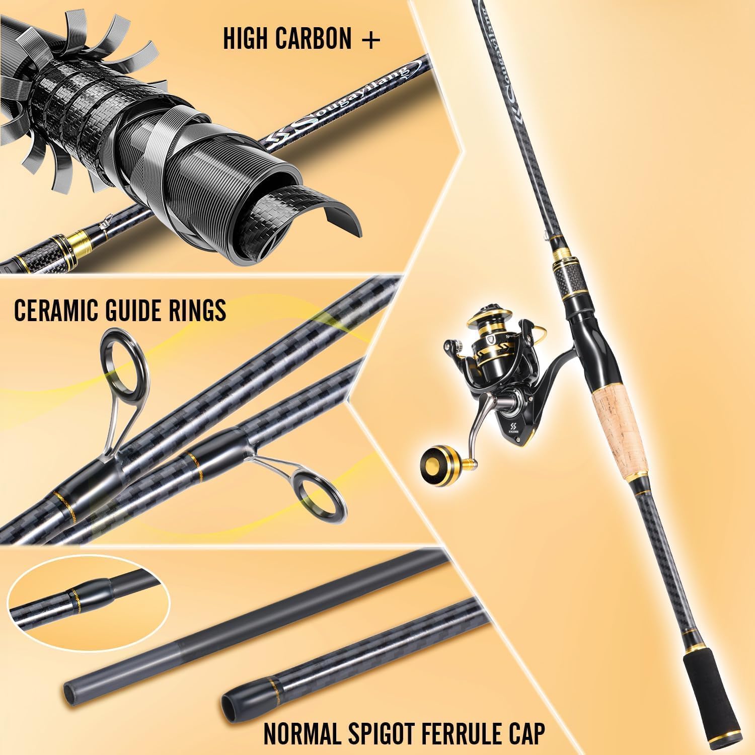 Sougayilang Spinning Fishing Combos, Carbon&Glass Fiber Composite 2 Piece Fishing Rods with 2000 Size Spinning Reel- 6'0"