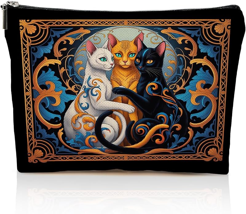 Necessaire YRZGBNM com estampa de gatos, zíper e material de poliéster