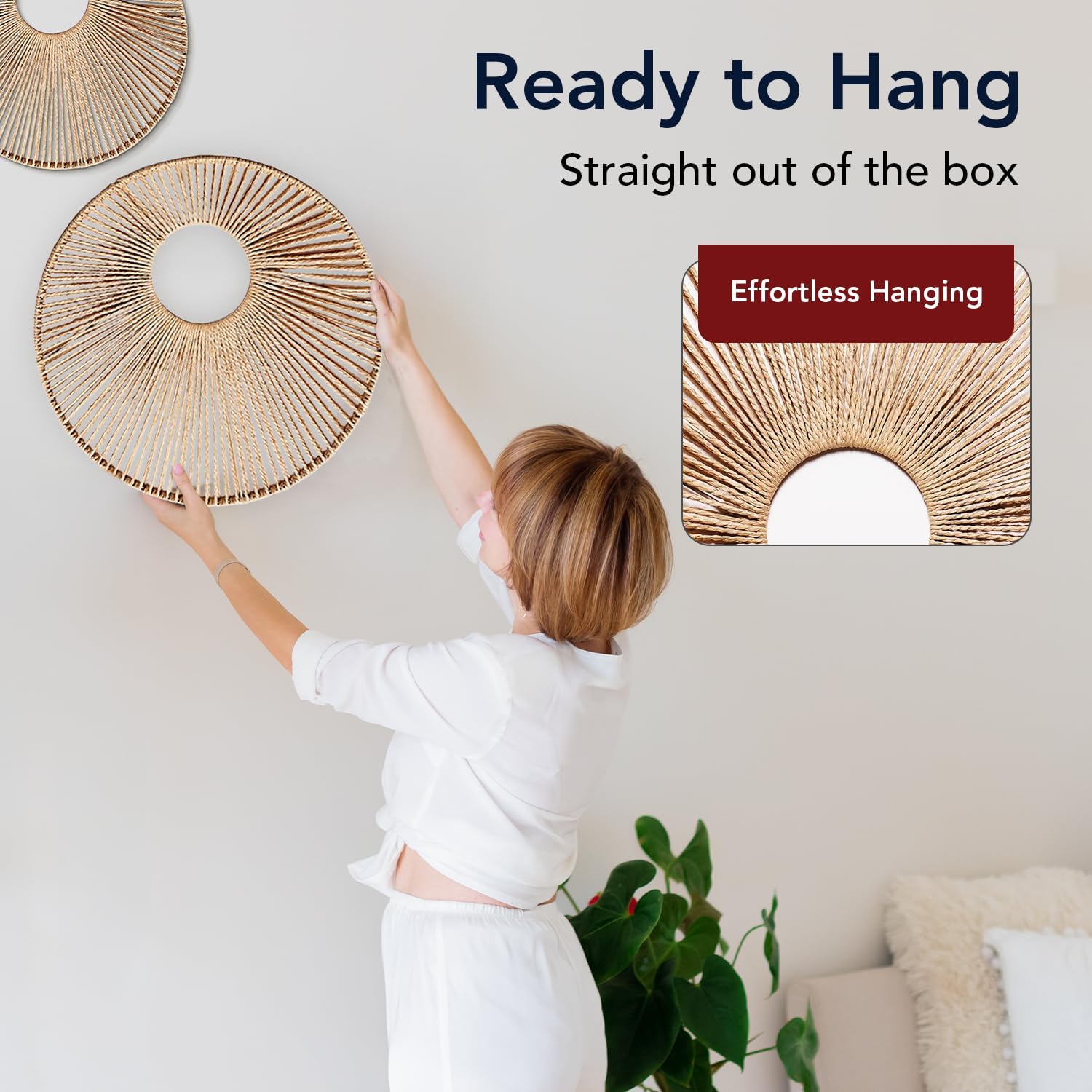American Art Decor Round Paper Rope Wall Decor Set of 3, Natural - Boho Wall Art, Farmhouse Basket Style