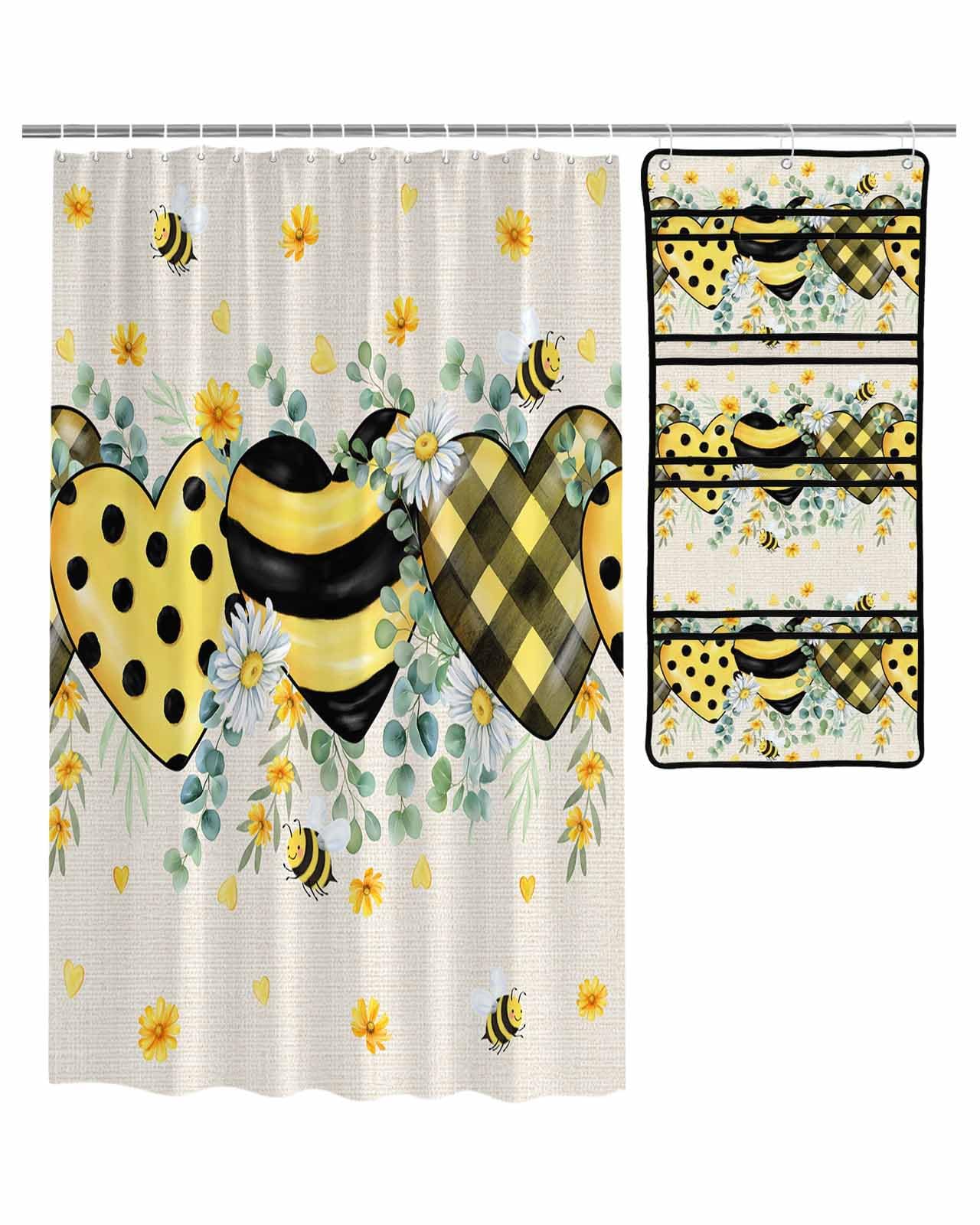 Decorative Shower Curtain Sets Yellow Bee Fabric Waterproof Shower Curtains Summer Watercolor Eucalyptus Leaves on Burlap Mesh Shower