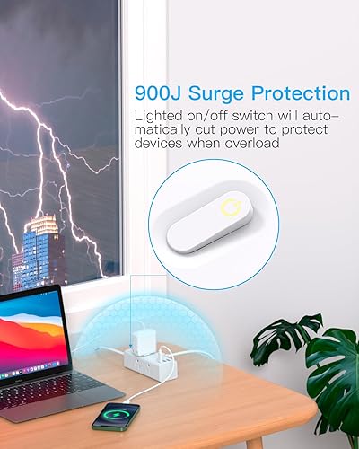 Miniatura 5 de Cable de extensión de 10 pies con múltiples tomas, regleta de alimentación de enchufe plano con cable de 10 pies de largo, 6 tomas de corriente, 3