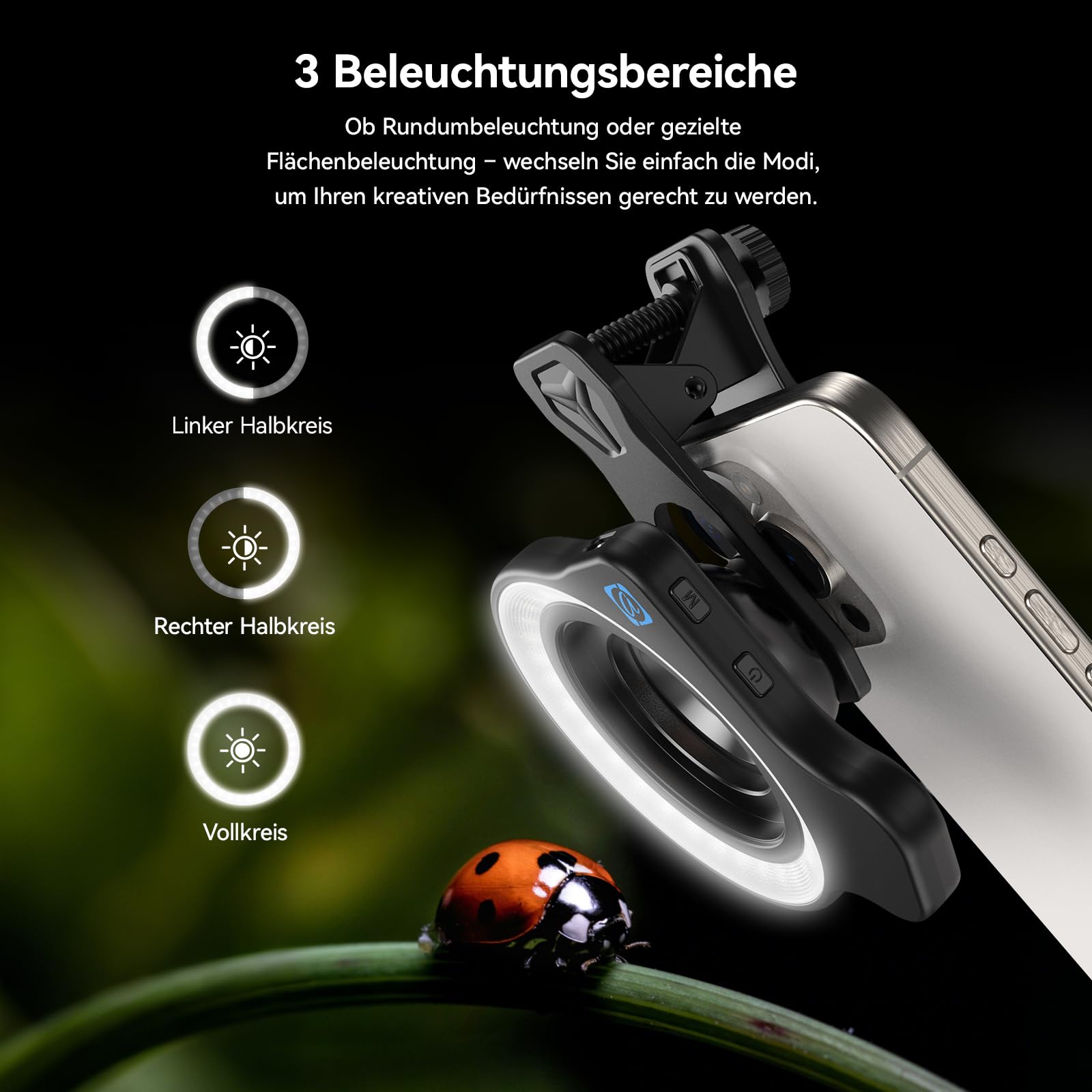 APEXEL HB100-HD Handy Makroobjektiv, F1.8 mit 45 Fülllichtmodi, 10x Handyobjektiv mit Telefonclip, kompatibel mit iPhone 17/16/15, Samsung, Google Pixel und Anderen Smartphones