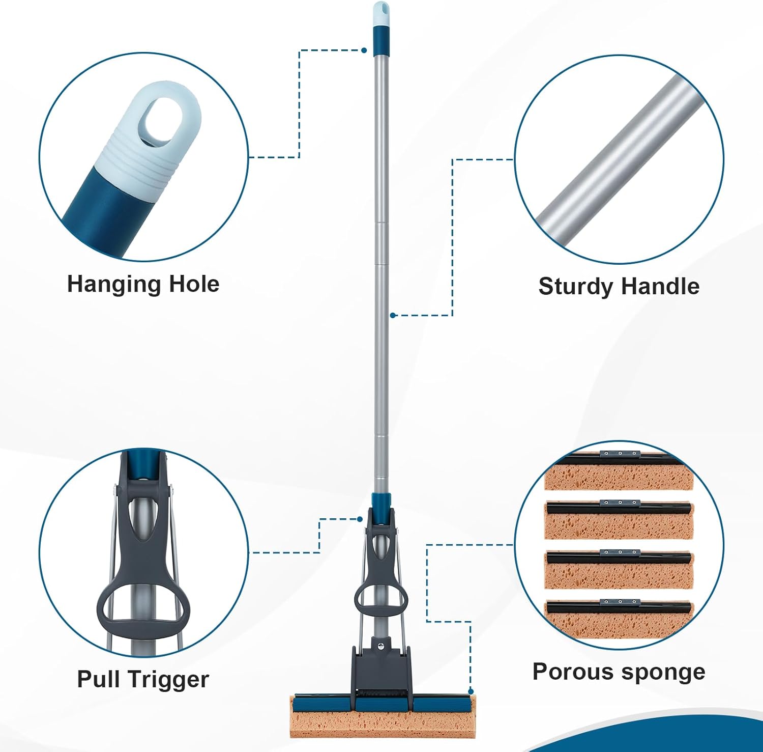 Sponge Mop for Floor Cleaning, 50" Heavy Duty Roller Mop with 4 Cellulose Refill Heads, Easy Self-Squeeze for Hardwood Tile Concrete, Wall Ceiling