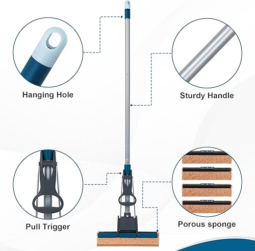 Miniatura 3 de Trapeador de esponja para limpieza de pisos, fregona de rodillo resistente de 50 pulgadas con 4 cabezales de recarga de celulosa, fácil autoajuste