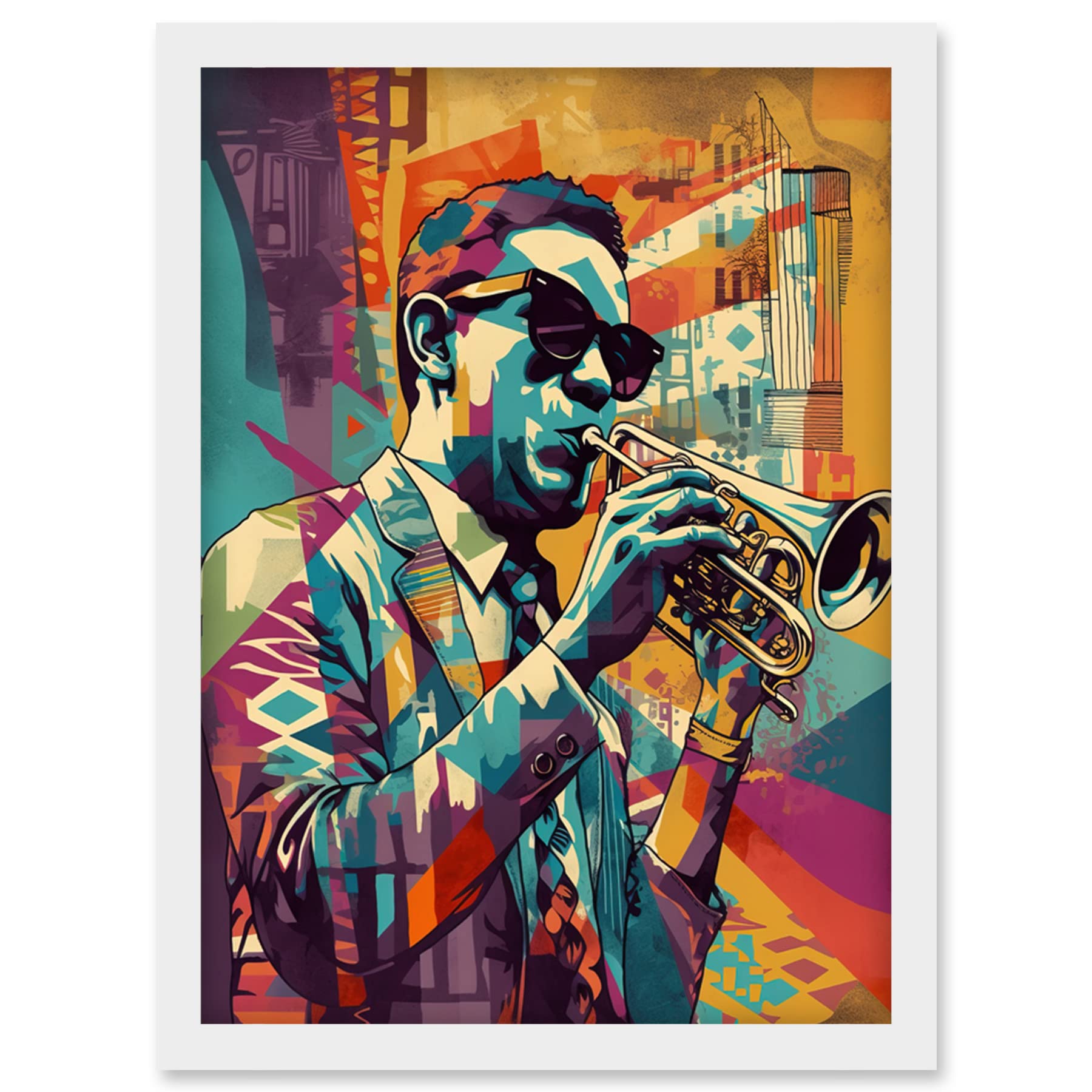 Artery8 Trumpet Player Jazz Musician with Sunglasses Modern Colour Linocut Print Artwork Framed Wall Art Print A4