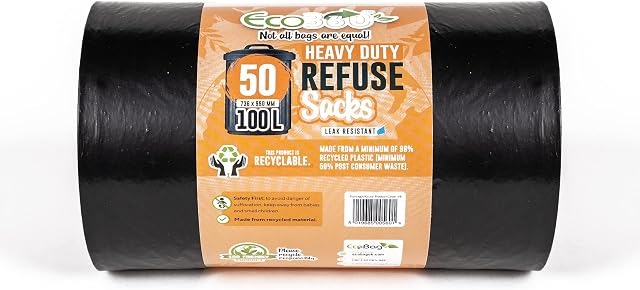 50 Ecobag Heavy Duty Bin Liner Refuse Sacks - 100L Black , 736mm x 990mm , 48