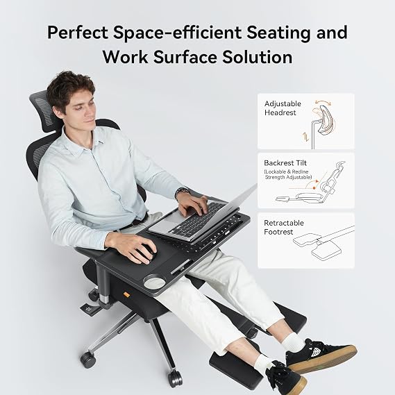 Newtral Office Chair Ergonomic - Home Office Desk Chair, Big and Tall Office Chair, Auto-Following Lumbar Support for Back Pain, Adjustable Seat Depth and Height (with Footrest + Laptop Tray, Black)