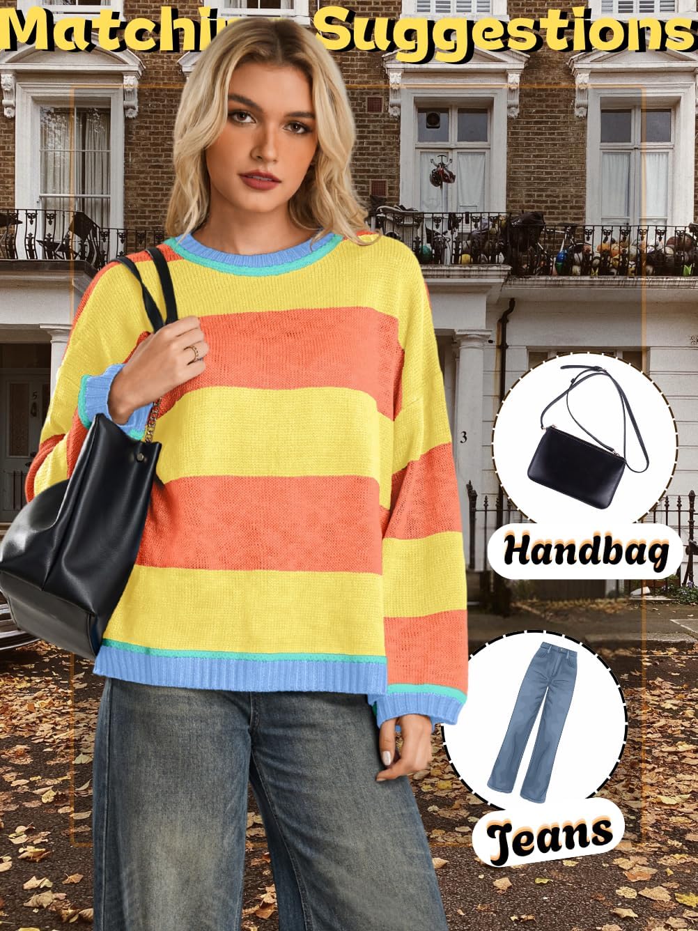Striped Sweater Women,Color Block Oversized Sweaters,Cute Fall Knit Top Halloween Costume - Image 5