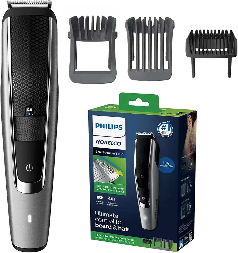Philips Aparador de barba e aparador de cabelo Norelco Série 5500, precisão sem esforço com 40 configurações de comprimento ajustável, lâminas amigáveis à pele, design totalmente lavável, energia sem