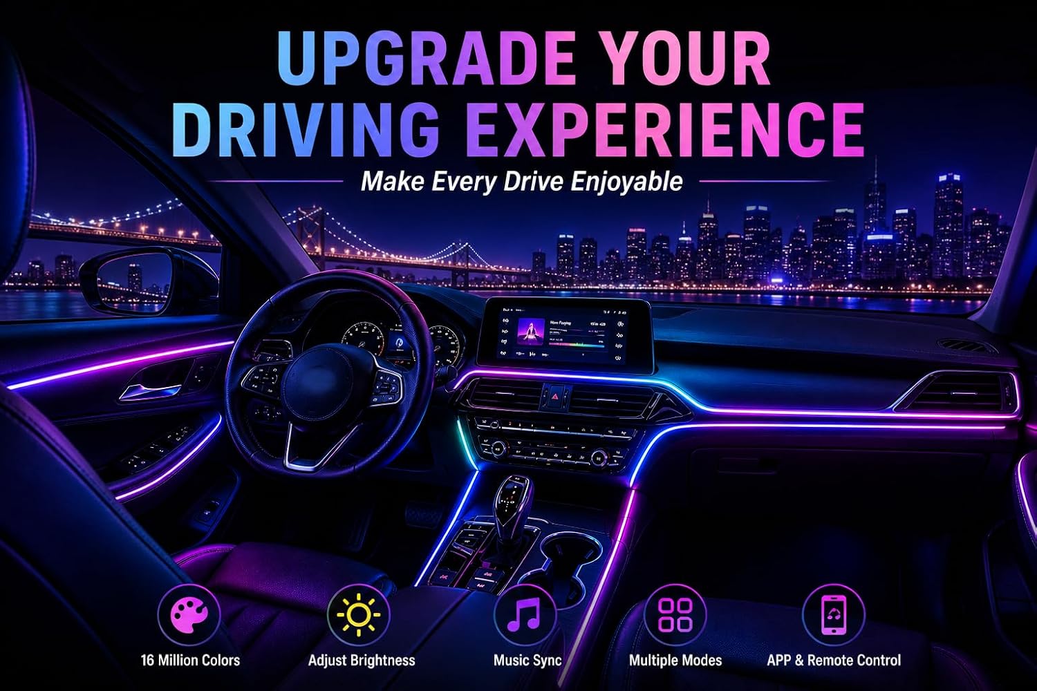 Car Interior Ambient Lighting Kit, Acrylic LED Strip Lights 43.3in 4 in 1, APP & Remote Control, RGB Music Sync Neon Light, USB Powered Flexible Car Lights for Dashboard, Door, Universal Fit
