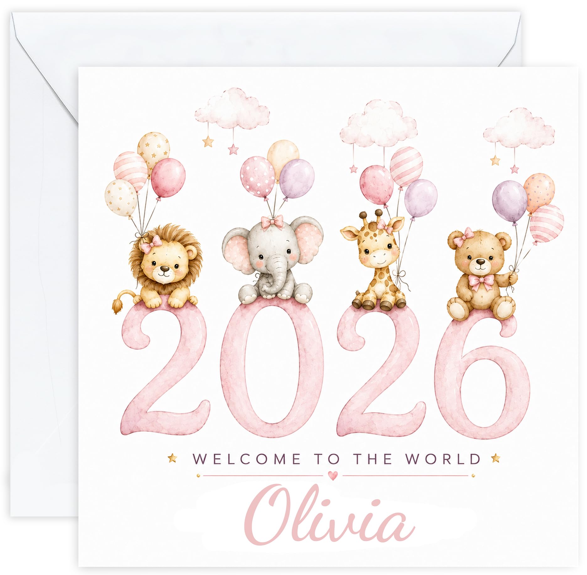 Personalised New Baby Girl Card with Name | Newborn Congratulations Card | Welcome to the World | Daughter Granddaughter Niece Goddaughter (Design 02)