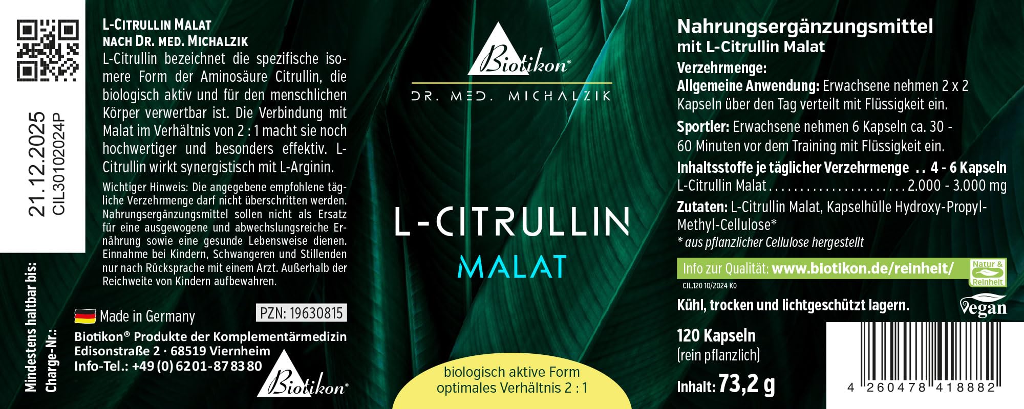 L-Citrullin Malat Kapseln nach Dr. med. Michalzik ohne Zusatzstoffe von BIOTIKON®