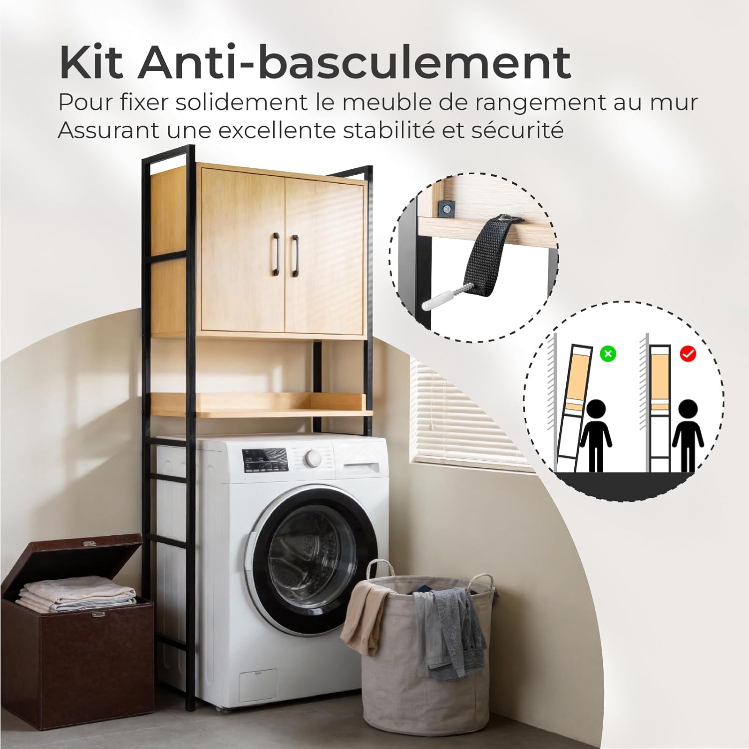 Karl home Over The Toilet Storage Cabinet with Double Doors, Bathroom Space Saver Toilet Paper Holder & Hook, Adjustable Shelf & Bottom Bar, Open Storage Cube, Organizer for Laundry, Restroom