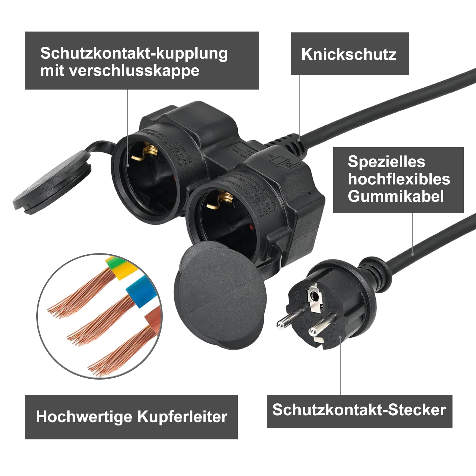 XUANSHI Cavo di prolunga per esterni, 15 m, con 2 prese Schuko, doppio cavo di alimentazione per esterni, IP44, H07RN-F 3G, 1,5 mm², cavo di gomma, 2 scomparti, esterno con tappo di protezione 3500 W