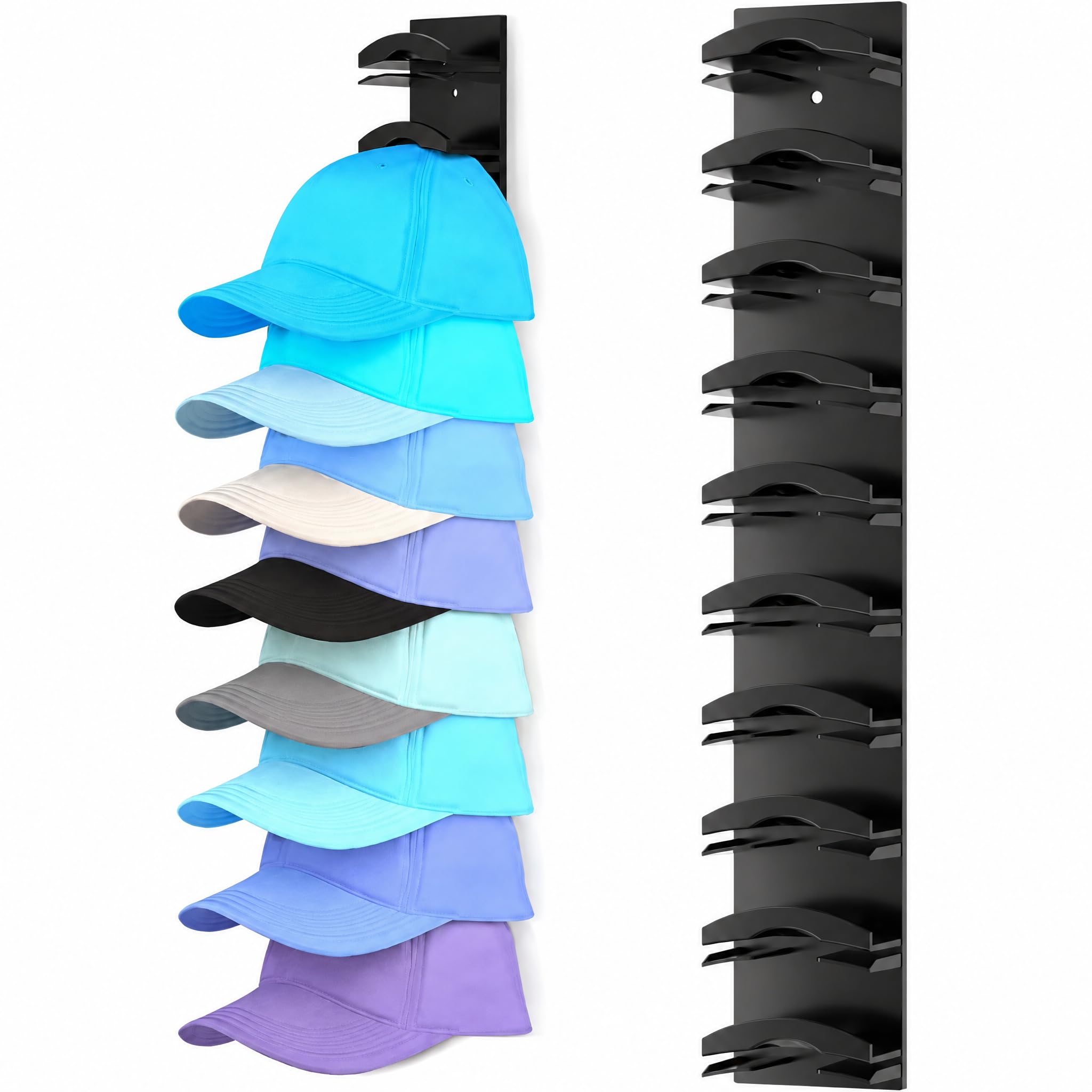 Hat Organizer for Baseball Caps, Hat Rack for Wall, Cap Rack Adhesive/Drilled Hat Hooks, Hat Hanger Holder Hold Up to 10 Hats, Baseball Cap Hat Storage Display for Door, Closet, Bedroom (Black)