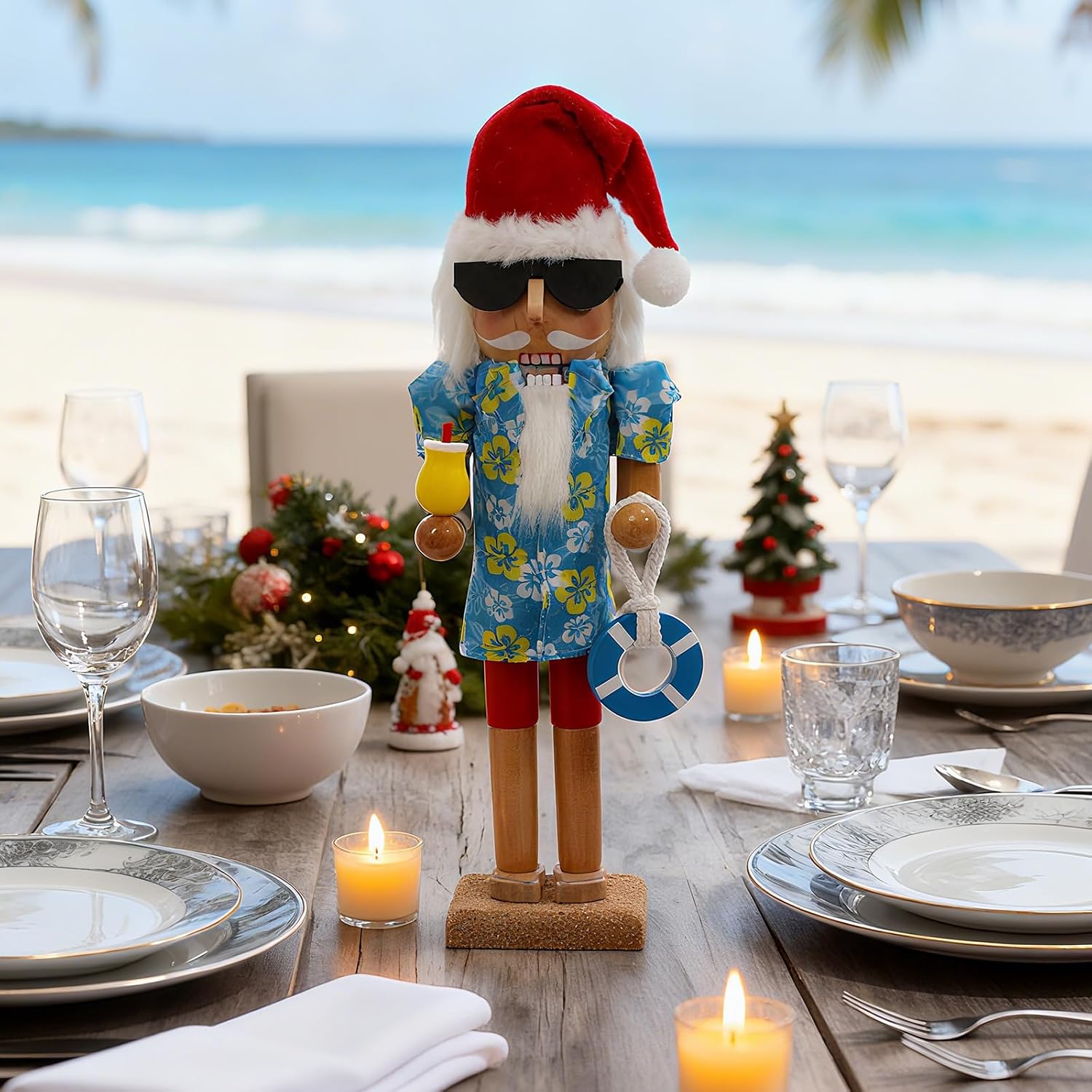 Christmas Nutcracker Ornament,Wooden Traditional Nutcracker Painted Christmas Nutcracker Party Tabletop Thanksgiving Decor (14" Hawaiian Beach Nutcracker)