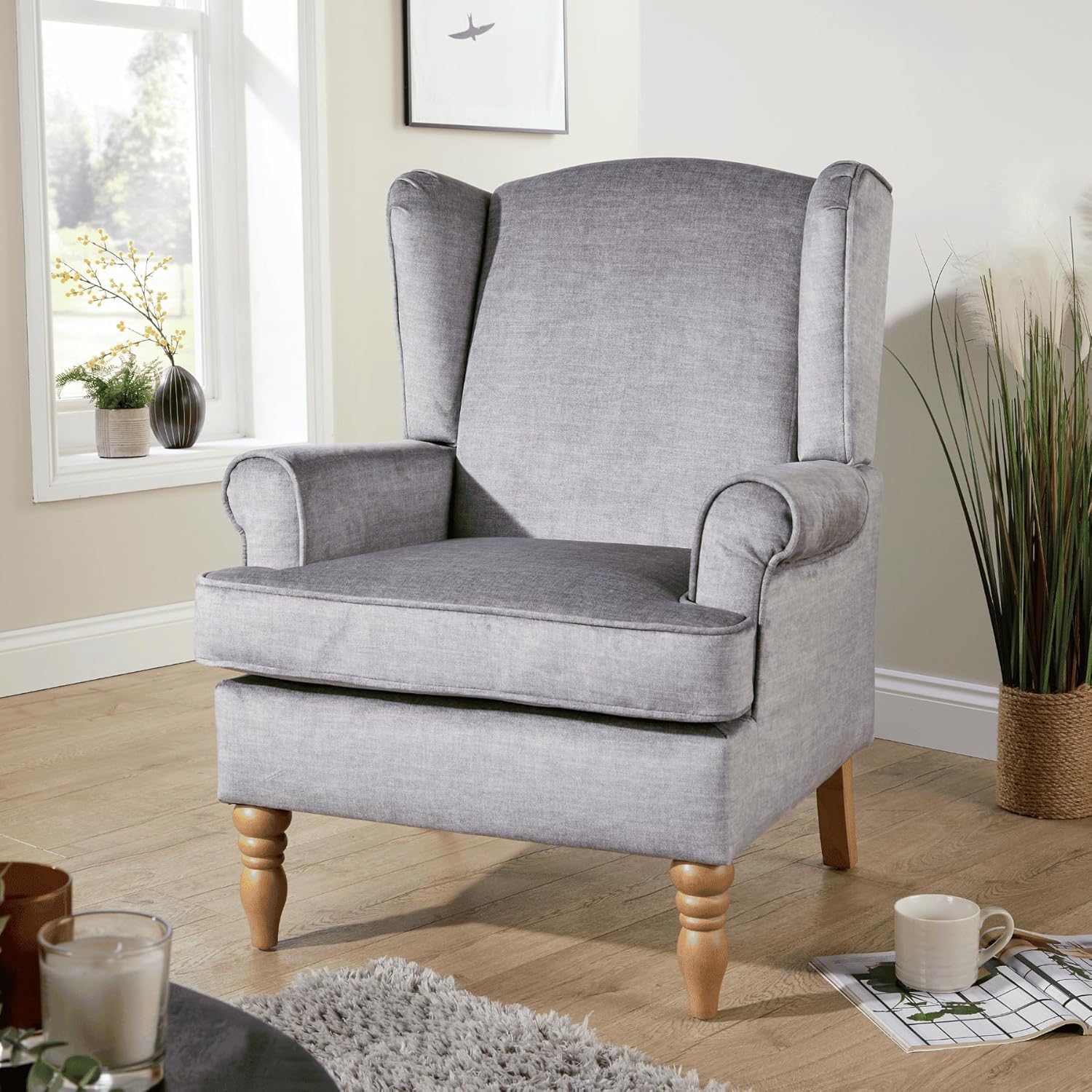 Home Source Armchair – Classic High Back Accent Chair with Plush Foam Seat, Silver Upholstery, Solid Rubberwood Legs – Elegant Living Room or Reading Chair