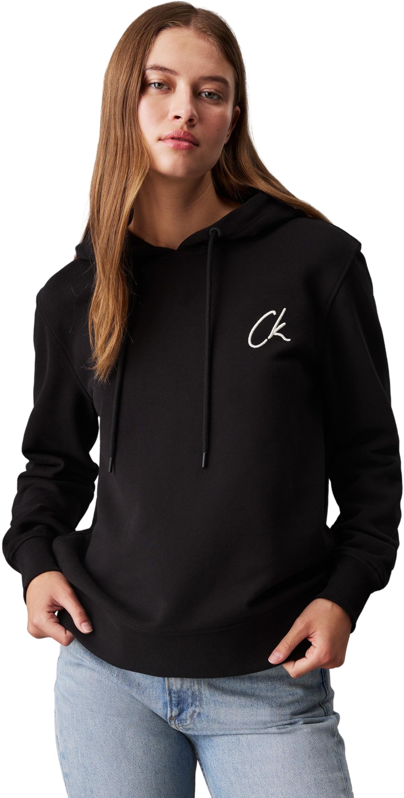 Calvin Klein Women's Regular Fit Embroidered Logo Hoodie, Black (Ck Black), XS