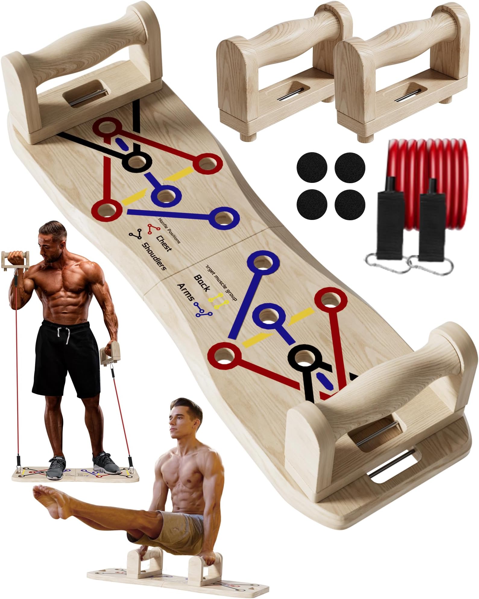 nonogo Foldable Push Up Board with Resistance Bands- Eco-Friendly Wooden Multi-Functional Portable Push Up Bar for Fitness, Professional Strength Training Equipment for Men & Women at Home Gym
