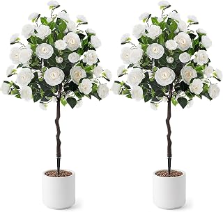 Lunmon 2 Pack Artificial Camellia Tree 4 Ft Spike White | 48" UV Resistant Realistic Blooming for Indoor Outdoor Front Door Porch Backyard Garden Spike for Easy Ground Installation