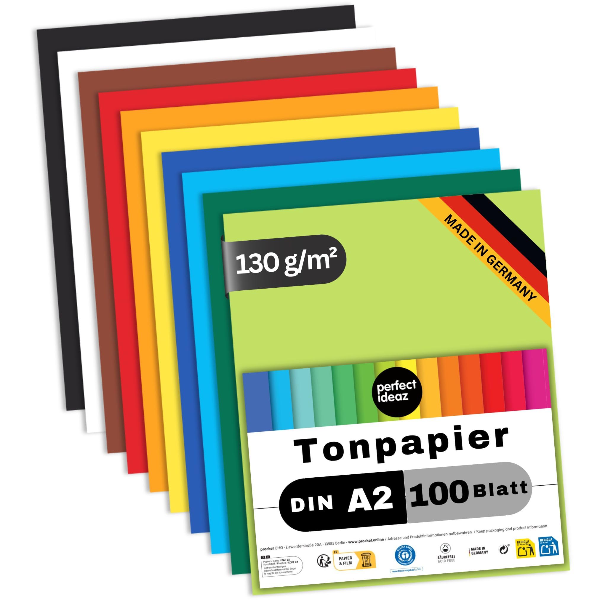 perfect ideaz - Tonpapier DIN A2 – 100 Blatt, 10 kräftige Farben, 130 g/m², voll durchgefärbt & lichtbeständig, Blauer Engel zertifiziert, Made in Germany – Bastelkarton