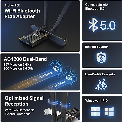 Vista 2 de TP-Link Tarjeta WiFi PCIe AC1200 para PC de escritorio (Archer T5E) - Bluetooth 5.0, tarjeta de red inalámbrica de doble banda (2.4Ghz y 5Ghz)