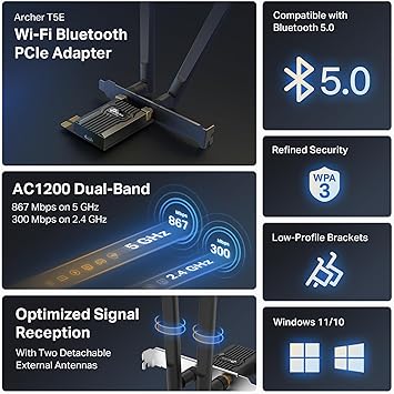 TP-Link AC1200 PCIe WiFi Card for Desktop PC (Archer T5E) - Bluetooth 5.0, Dual Band Wireless Network Card (2.4Ghz and 5Ghz) for Gaming and Streaming, 2 High Gain Antennas, Supports Windows 10/11