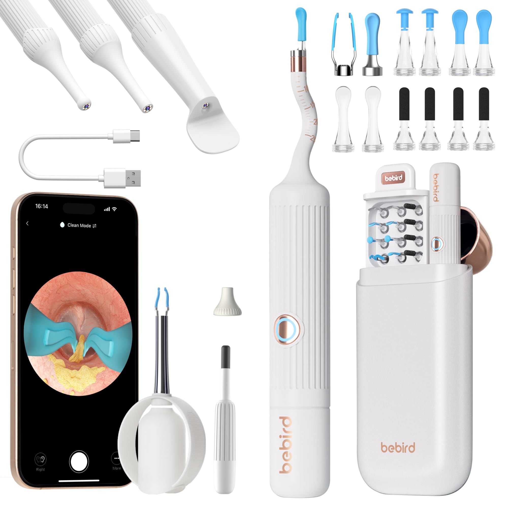 Otoscopio BebirdPro Earsight Plus para quitar cerumen, limpiador de orejas ajustable HD 1920p con cámara, otoscopio con luz, limpiador de orejas con estuche portátil para adultos(blanco)