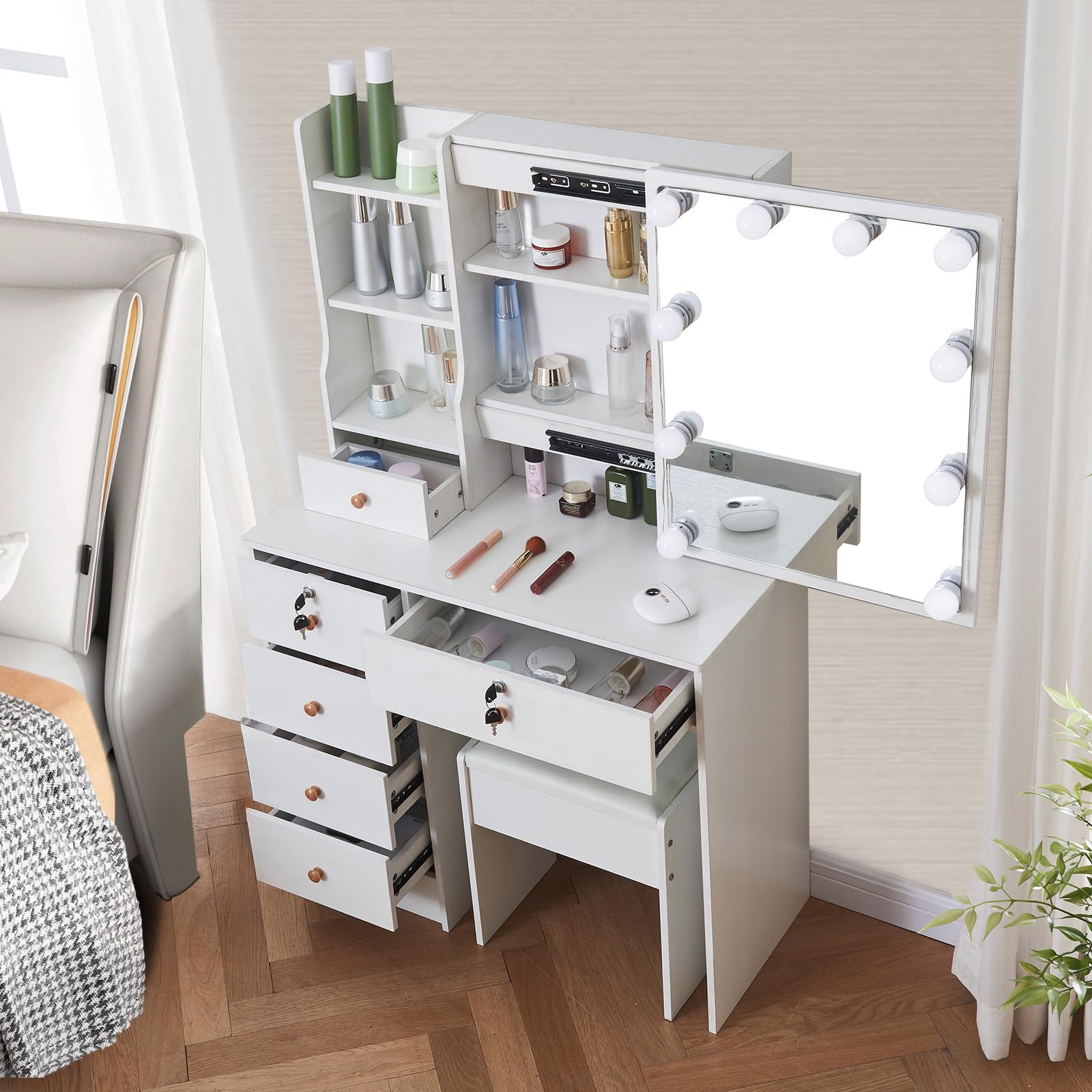 Coiffeuse Avec Miroir LED Et 6 Tiroirs - Table De Maquillage Réglable 80x36x130cm, Noire