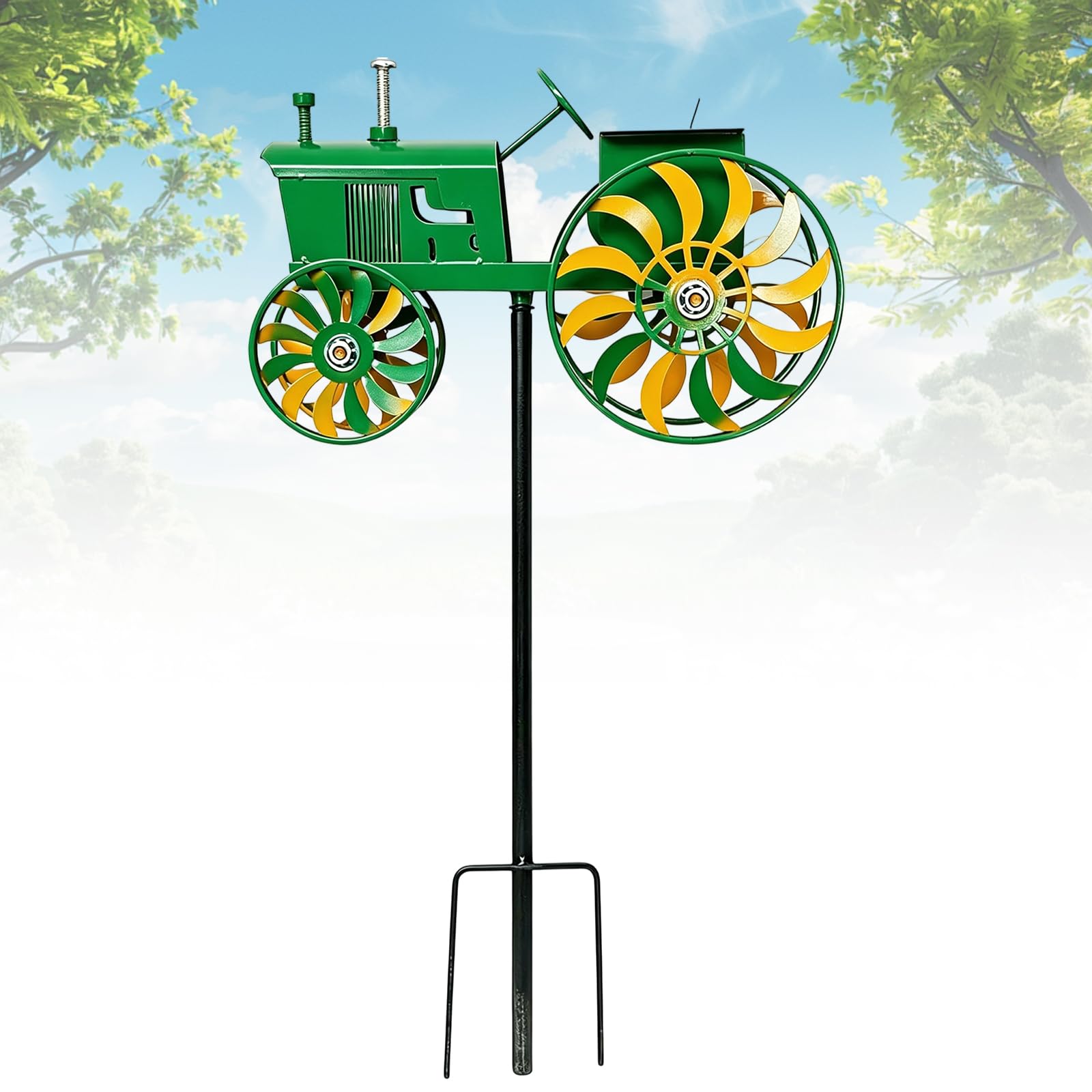 Green Tractor Wind Spinner, Windmill Garden Stake With Rotating Wheels, Unique Motion Art Sculpture Ornament Gift For Patio Yard Garden Lawn, Gifts For Holiday Housewarming