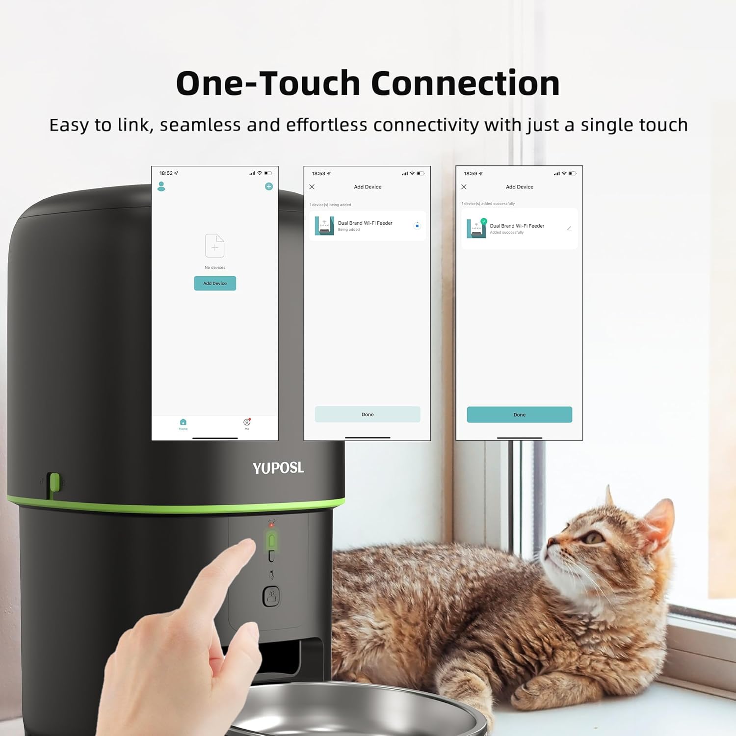 Smartphone screens showing the 'One-Touch Connection' process for adding the Yuposl pet feeder to the app