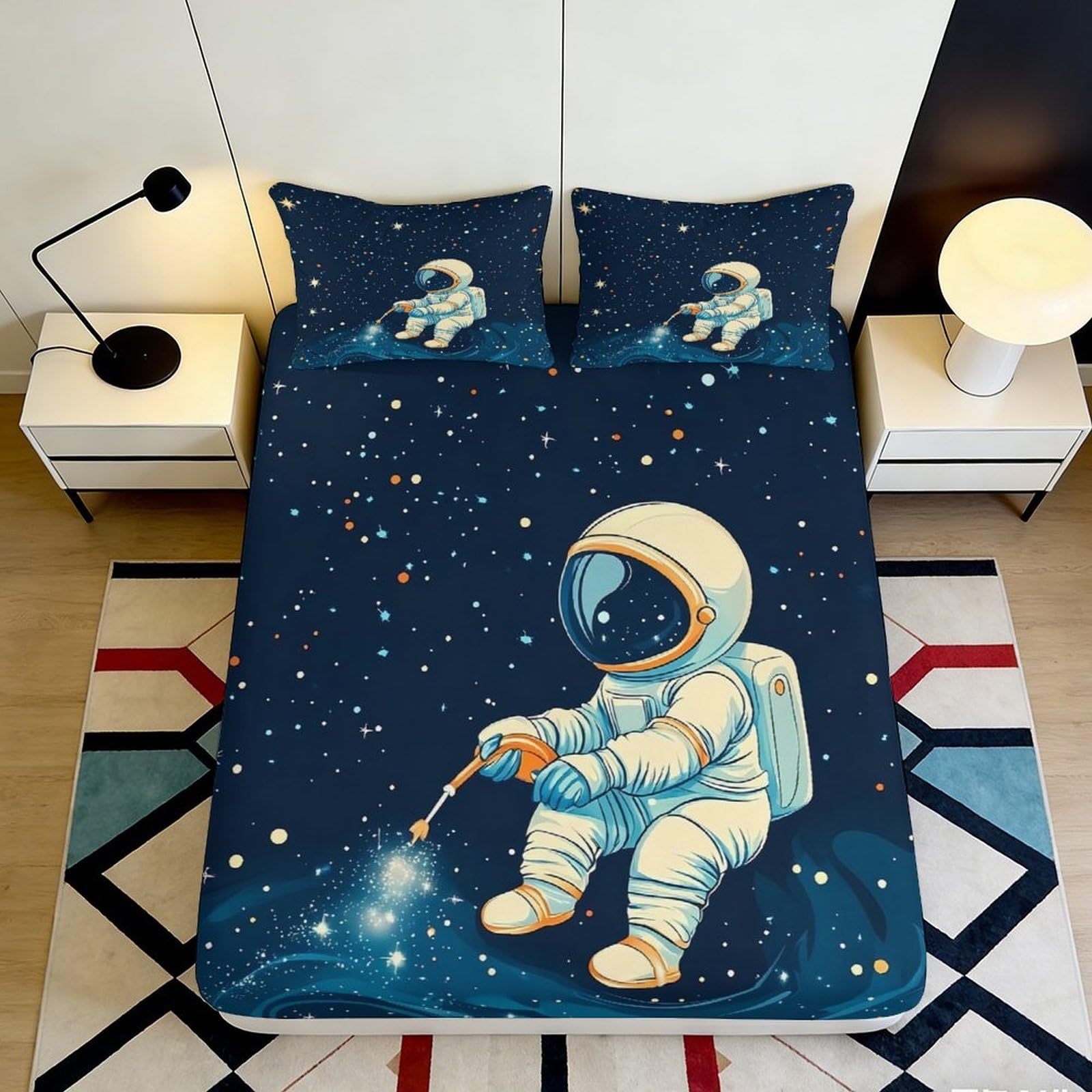 3D Printed Astronaut Starry Sky Fitted Sheet Microfiber Anti-Slip Bed Cover for Bedroom Dorm Mattress Protection Decor 90x200x25cm
