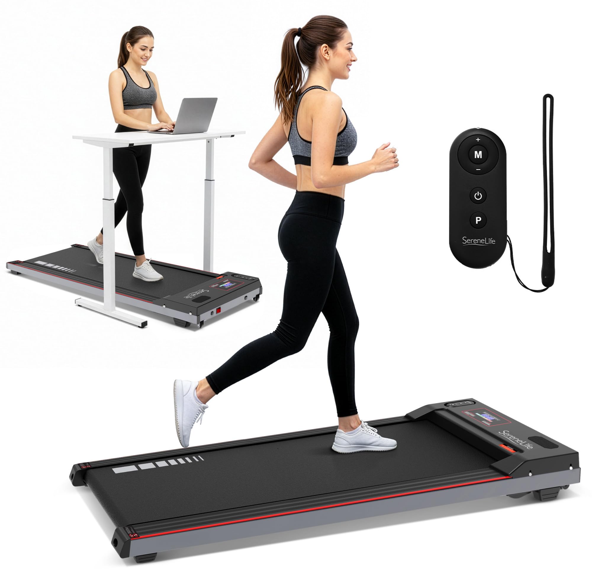 SereneLife Almohadilla portátil para Caminar, Ultra Delgada, para Debajo del Escritorio, para el hogar u Oficina, Motor silencioso de 2.5 HP, Pantalla LED y Control Remoto, Cinta de Correr compacta