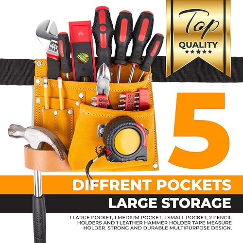 Miniatura 2 de LAUTUS Bolsa de herramientas de gamuza y cinturón ajustable de tela de polietileno  5 bolsillos  Soporte de martillo de cuero  Soporte para cinta