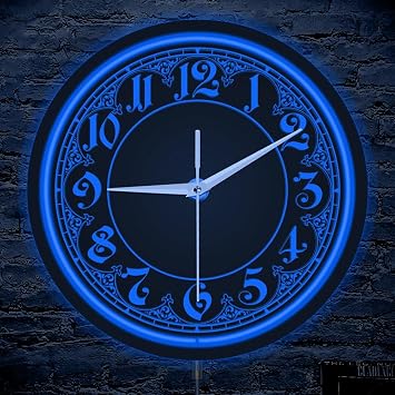 The Geeky Days Retro Pattern Arabic Numerals Blue LED Neon Lighting Wall Clock for Bedroom Living Room Classic Home Decor Timepiece Vintage Illuminated Wall Clock with Big Numbers Easy to Read