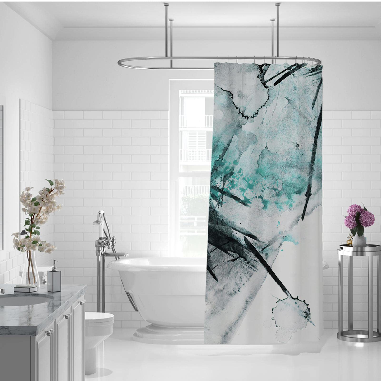 Cortina de Ducha para baño Abstracto Azul y Negro Pintura de Acuarela Juego de Cortinas de Ducha con Ganchos Impermeables Fácil de Instalar W160xL200cm