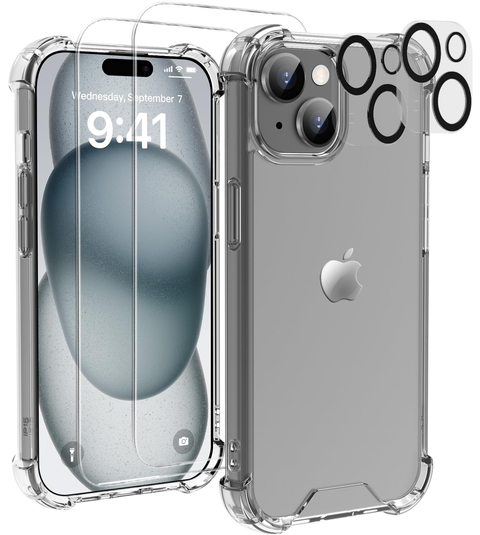 MASETECH for iPhone 15 Case Clear - 5-in-1 Camera Lens and Glass Screen Protector