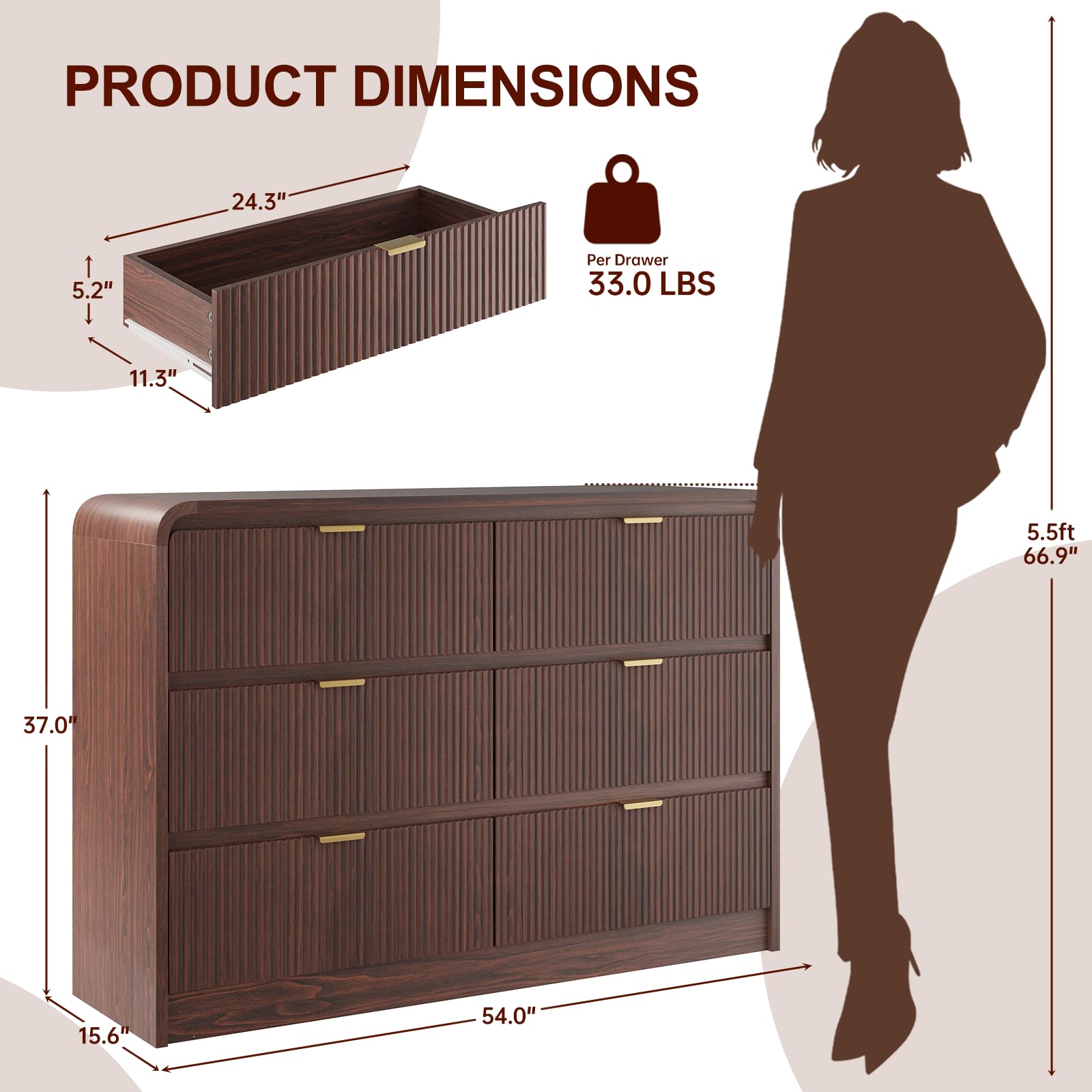 Amazon.com: FURSUN Fluted 6 Drawers Dresser for Bedroom, 54