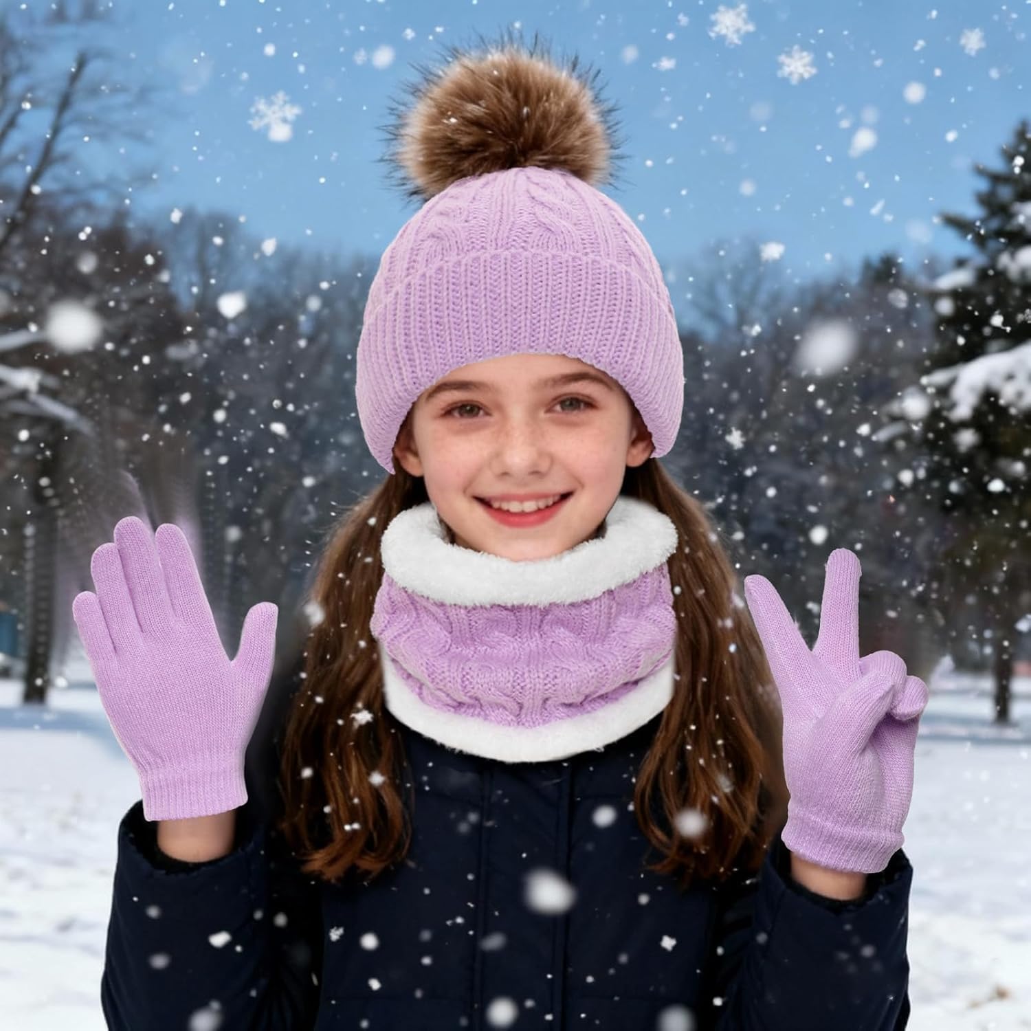 Heliltd 3pcs Kids Winter Hat Scarf Gloves Set Warm Knit Beanies with Pom Pom Soft Neck Warmer Mittens for Boys Girls Age 3–10 - Image 6