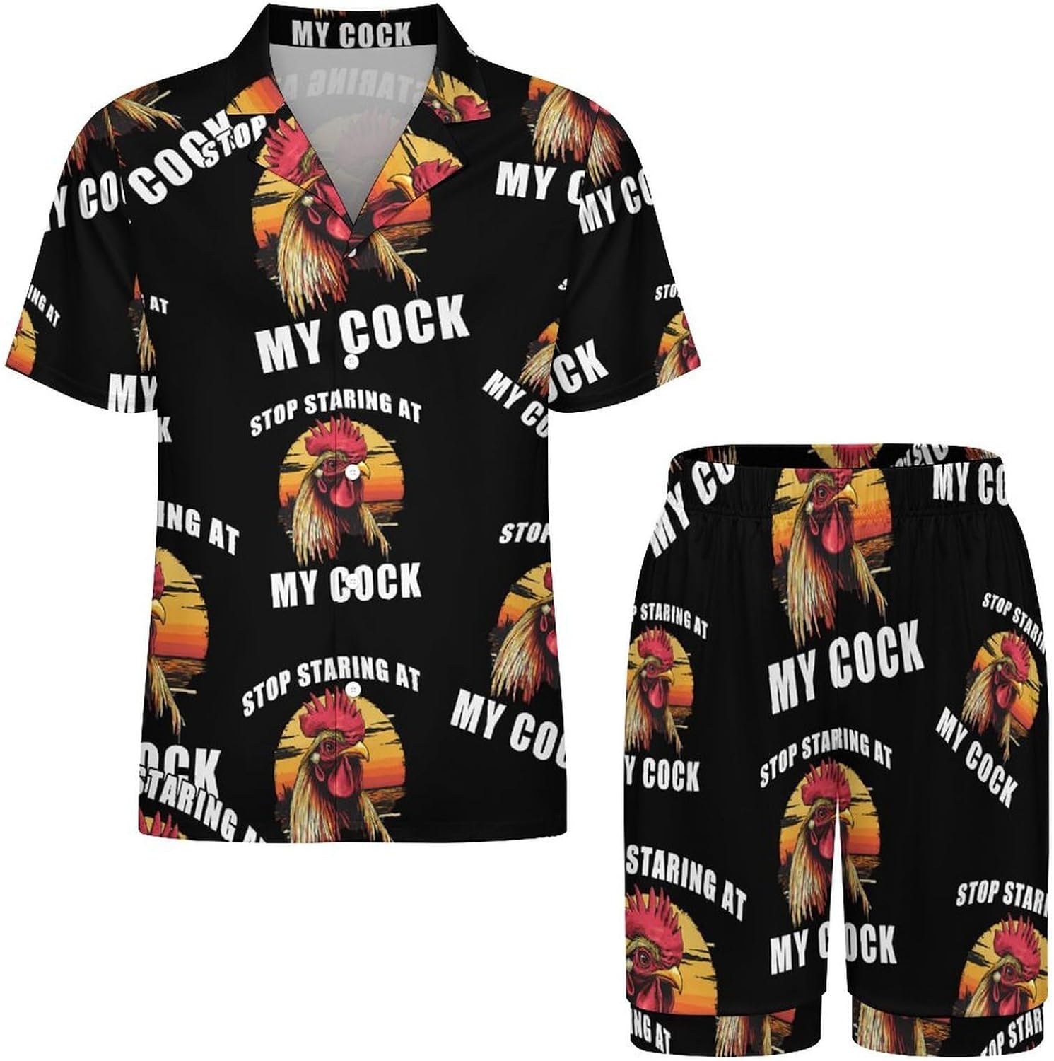 Rooster Stop Staring At My Cock Men's Short Sleeve Pajama Set Satin Silk Like Lounge Sleepwear