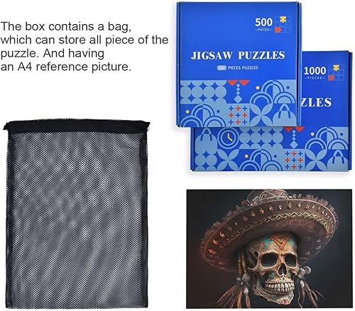 Miniatura 7 de Rompecabezas de madera de 1000 piezas con estampado de sombrero de calavera, ZZcon bolsa de almacenamiento de partición del alfabeto, fácil de