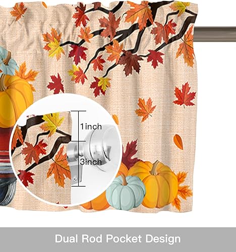 Miniatura 7 de ALAGEO Juego de Cenefa y Cortinas de Cocina de Otoño Camión Rojo Calabaza de Cosecha con Bolsillo para Varilla Juego de Cenefa y Cortinas de Cocina