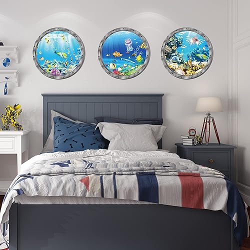 Miniatura 10 de 3 calcomanías de pared de animales del océano, calcomanías de pared para despegar y pegar, patrones de peces, medusas y corales, calcomanías 3D para