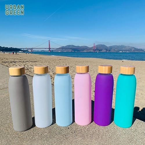 Miniatura 7 de Botella de agua de vidrio con funda protectora de silicona y tapa de bambú, color verde urbano, 18 onzas, tapa de acero inoxidable 304 extra con